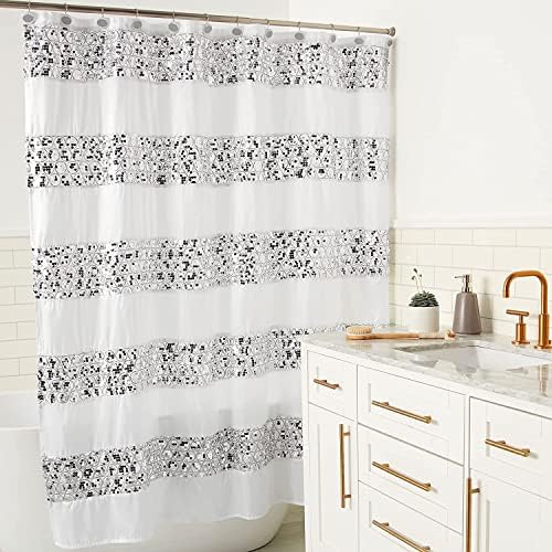 Zahari Home Sinatra Bathroom Shower Curtain Glamorous Bling Fabric Shower Curtain, 72"x70", White