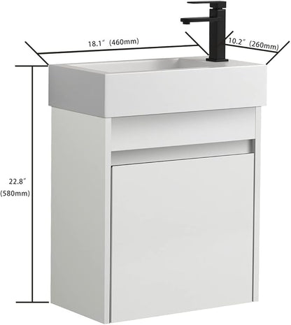 Henf Wall Mount 18 Inch Bathroom Vanity W/Sink Combo for Small Space, Modern Design Vanity Cabinet Gel Basin Countertop, Float Mounting Design Cabinet Set with Single Soft Close Doors(Without Faucet)