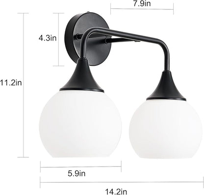 Bathroom Light Fixtures 2-Light Matte Black Vanity Light Modern Wall Sconces with Milk White Glass Shade Vanity Lights for Bathroom(Exclude E26 Bulb)