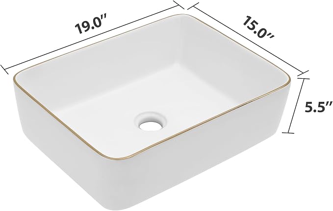 Dcolora Vessel Sink Rectangular 19"x15" White Vessel Sink with Gold Rim Ceramic Porcelain Rectangle Bathroom Sink Above Counter Vanity Sink Basin