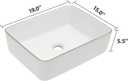 Dcolora Vessel Sink Rectangular 19"x15" White Vessel Sink with Gold Rim Ceramic Porcelain Rectangle Bathroom Sink Above Counter Vanity Sink Basin