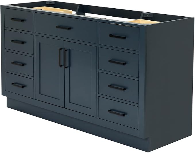 ARIEL Hepburn 60-inch Bathroom Vanity with Sink,Solid Wood, 1.5-inch Carbon Black Quartz Countertop, Single Rectangular Porcelain Sink, Soft Closing Doors, Dovetail Drawers, Midnight Blue