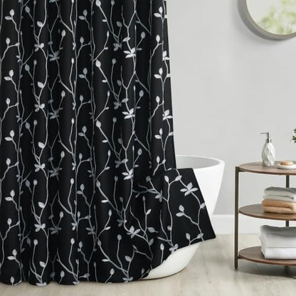 Embroidered Leaf Farmhouse Shower Curtain,Faux Linen,72Wx72L,Black