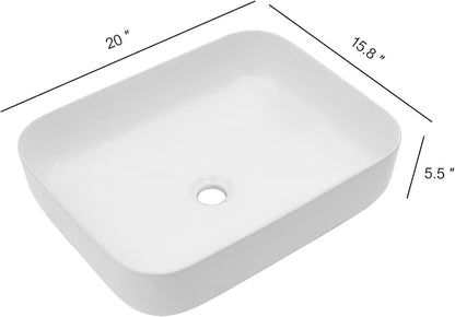 20x16 Inch Bathroom Vessel Sink White Vessel Sink Rectangule Bowl Sinks for Bathrooms Above Counter Rectangular Ceramic Vessel Bathroom Sink Porcelain Lavatory Vanity Sink Basin