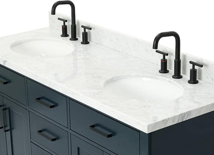 ARIEL Hepburn 60-inch Bathroom Vanity with Sink,Solid Wood, 1.5-inch Italian Carrara Marble Countertop, Double Oval Porcelain Sink, 4 Soft Closing Doors, 6 Dovetail Drawers, Midnight Blue