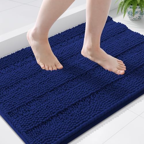 Grandaily Chenille Striped Bathroom Rugs 36x24, Extra Thick and Soft Absorbent Bath Mats, Rubber Backing, Plush Shaggy Shower Carpet, Machine Wash Dry, Bath Rug for Bathroom, Navy Blue