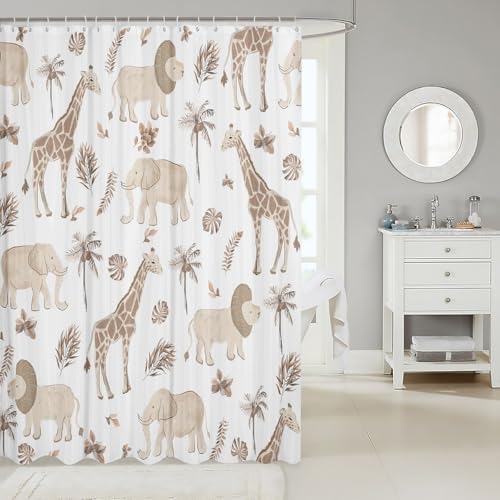 Feelyou Safari Animal Shower Curtain Kids Boys Elephant Lion Giraffe Bathroom Waterproof Accessories with 12 Hooks 72x72 Inches Hunter Brown Rust Wildlife Room Decor