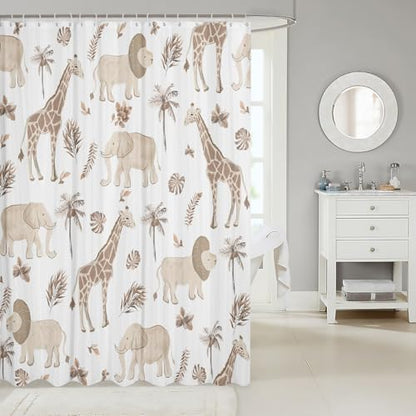 Feelyou Safari Animal Shower Curtain Kids Boys Elephant Lion Giraffe Bathroom Waterproof Accessories with 12 Hooks 72x72 Inches Hunter Brown Rust Wildlife Room Decor