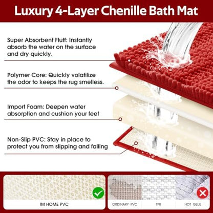 ACCUMTEK Christmas Striped Red Ultra Soft Bathroom Rugs and Mats Set 3 Pieces Bath Mat Set, Thick Chenille Bath Rugs Non Slip Bath Mats for Bathroom, Kitchen, Burgundy