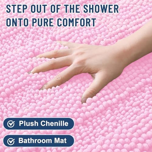 Grandaily Chenille Striped Bathroom Rugs 24x16, Extra Thick and Soft Absorbent Bath Mats, Rubber Backing, Plush Shaggy Shower Carpet, Machine Wash Dry, Bath Rug for Bathroom, Light Pink