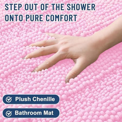 Grandaily Chenille Striped Bathroom Rugs 24x16, Extra Thick and Soft Absorbent Bath Mats, Rubber Backing, Plush Shaggy Shower Carpet, Machine Wash Dry, Bath Rug for Bathroom, Light Pink