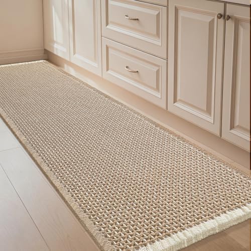IM HOME Extra Large Waffle Bath Mat Beige & White 6'x2'(72" x 24"), Boho Woven Modern Bath Mat Rugs, Absorbent Non Slip Bathroom Rugs, Soft Washable Bath Rugs with Tassels for Bathroom