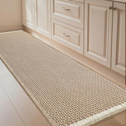 IM HOME Extra Large Waffle Bath Mat Beige & White 6'x2'(72" x 24"), Boho Woven Modern Bath Mat Rugs, Absorbent Non Slip Bathroom Rugs, Soft Washable Bath Rugs with Tassels for Bathroom