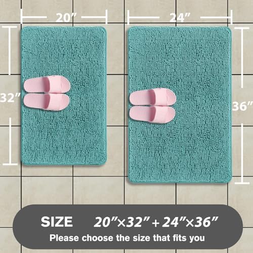 Teal Bathroom Rugs Sets 2 Piece – Absorbent and Washable Bath Mat, Non-Slip, Thick Soft Chenille Bath Rugs for Bathroom Floor, Shower, Sink - 20" x 32"+24" x 36"
