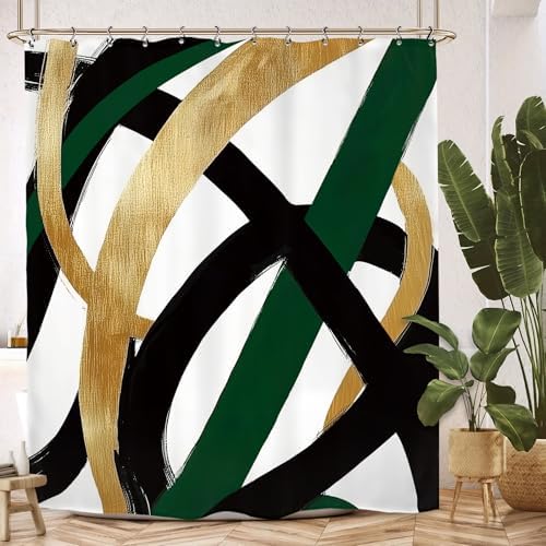Abstract Modern Minimalist Shower Curtain 60Wx72L Inch Black Emerald Green Gold Line Contemporary Art Neutral Simple Bathroom Set Accessories Decor with 12 Pack Hooks
