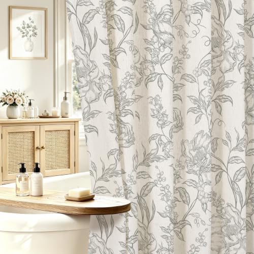 Grey Boho Linen Fabric Shower Curtain , Farmhouse Floral For Bathroom