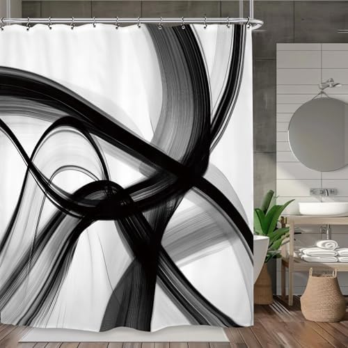 Abstract Modern Black White Shower Curtain 60Wx72L Inch Neutral Minimalist Contemporary Art Simple 3D Bathroom Set Accessories Decor with 12 Pack Hooks