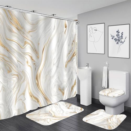 Nkzply 4Pcs White and Gold Marble Shower Curtain Set Bathroom Set with Rugs