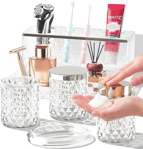 Glass Bathroom Accessories Set 5Pcs Crystal Clear- Foaming Soap Dispenser, Soap Dish, Cup, Acrylic Toothbrush Holder with Tray Organizer, Cotton Swab Jar, Bathroom Counter Set Sink Decor