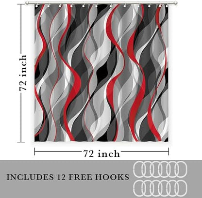 weesire Red and Grey Shower Curtain for Bathroom Red and Black Shower Curtain Fabric Modern Abstract Striped Minimalist Bath Curtains Waterproof Shower Curtains Set, Black Gray Red, 72 x 72 Inch