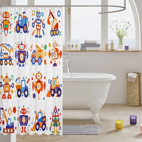 Feelyou Cute Robots Shower Curtain Kids Boys Truck Tractor Excavator Bathroom Waterproof Accessories with 12 Hooks 72x72 Inches Watercolor Machine Equipment Colorful Kawaii Room Decor,Blue Yellow