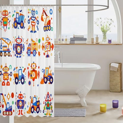 Feelyou Cute Robots Shower Curtain Kids Boys Truck Tractor Excavator Bathroom Waterproof Accessories with 12 Hooks 72x72 Inches Watercolor Machine Equipment Colorful Kawaii Room Decor,Blue Yellow