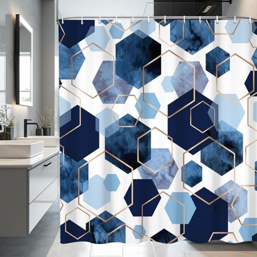 deFouliao Blue Shower Curtain Navy Blue Modern Abstract Geometric Grid Bathroom Curtain Sets for Bathtub Home Decor, Waterproof Fabric Washable with Hooks, 65x72 Inch