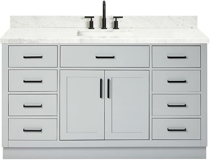 ARIEL Hepburn 60-inch Bathroom Vanity with Sink,Solid Wood, 1.5-inch Italian Carrara Marble Countertop, Single Rectangular Porcelain Sink, 2 Soft Closing Doors, 9 Dovetail Drawers, Grey