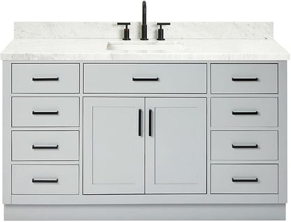 ARIEL Hepburn 60-inch Bathroom Vanity with Sink,Solid Wood, 1.5-inch Italian Carrara Marble Countertop, Single Rectangular Porcelain Sink, 2 Soft Closing Doors, 9 Dovetail Drawers, Grey