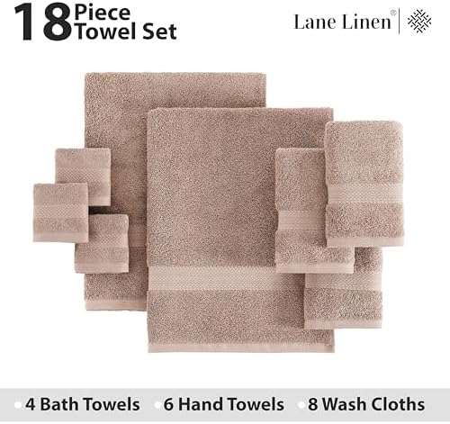 LANE LINEN Towel Set Quick Dry 100% Cotton 18 Piece Soft Absorbent - Taupe