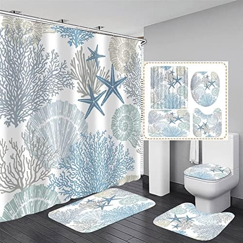 Nkzply 4Pcs Beach Shower Curtain Bathroom Sets with Shower Curtain and Rugs