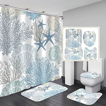 Nkzply 4Pcs Beach Shower Curtain Bathroom Sets with Shower Curtain and Rugs
