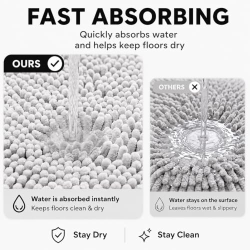 Bathroom Rugs Sets 2 Piece,Super Absorbent Soft,Thick,Machine Washable Chenille Bath Mat,Non Slip Toilet Floor Rug,Bath Mats for Bathroom,20x32 Plus 20x20 U Shape,Light Grey