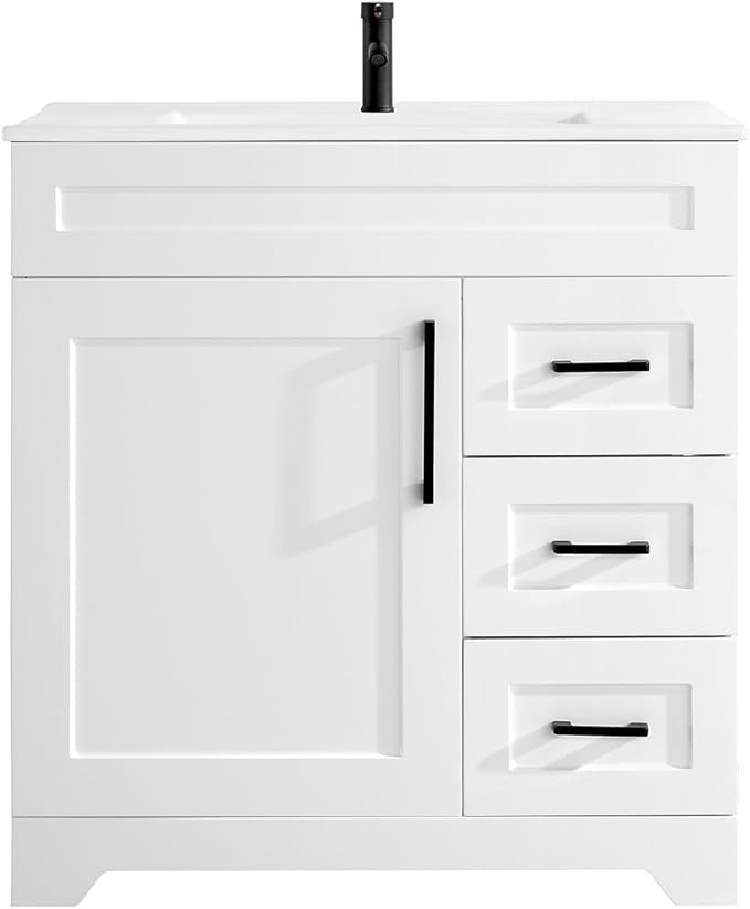 30" Bathroom Vanity with Ceramic Sink Top,1 Soft Closing Doors & 3 Full Extension Drawers with Matte Black Faucet Drain, White