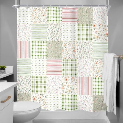 Green Floral Patchwork Shower Curtain Sage Green Pink Gingham Vintage Boho