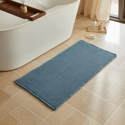 Triohero Waffle Bath Mat, Boho Bathroom Rugs Non Slip, 24x48 Denim Blue