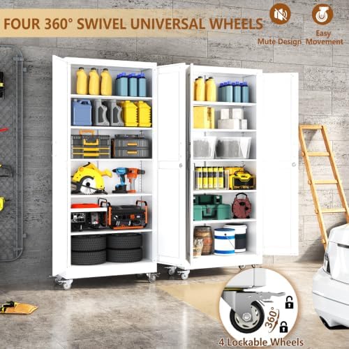 75" Metal Garage Storage Locker Cabinet with Wheels,Rolling White Farmhouse Kitchen Pantry Cabinet with 2 Doors and 5 Adjustable Shelves, Steel File Tool Cabinet for Home Office Warehouse