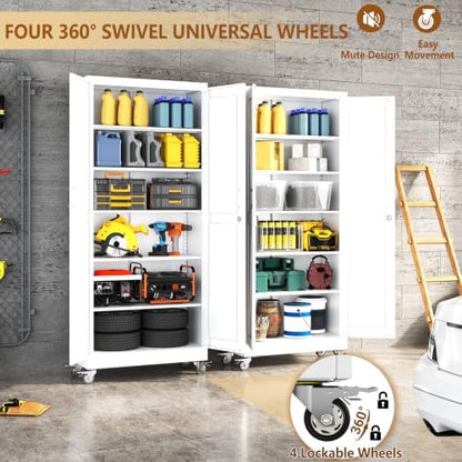 75" Metal Garage Storage Locker Cabinet with Wheels,Rolling White Farmhouse Kitchen Pantry Cabinet with 2 Doors and 5 Adjustable Shelves, Steel File Tool Cabinet for Home Office Warehouse