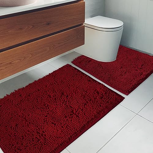 Bathroom Rugs Chenille Bath mat 2 Piece Set, Super Absorbent, Strong PVC Non Slip Backing, Bath mats for Bathroom, Plush Shaggy, Thick, Machine Washable, Bathtub, Toilet.(Burgundy)