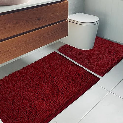Bathroom Rugs Chenille Bath mat 2 Piece Set, Super Absorbent, Strong PVC Non Slip Backing, Bath mats for Bathroom, Plush Shaggy, Thick, Machine Washable, Bathtub, Toilet.(Burgundy)