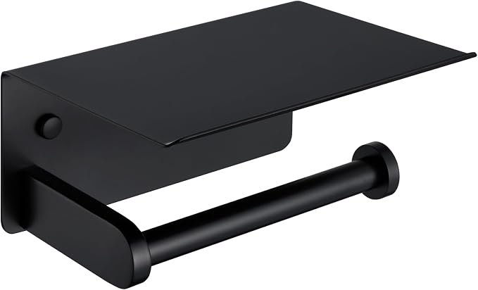 Toilet Paper Holder with Phone Shelf, Matte Black, Wall Mounted | 304 Stainless Steel, Rustproof Tissue Holder for Bathroom Restroom Powder Room, Paper Roll Dispenser, Large Phone Storage