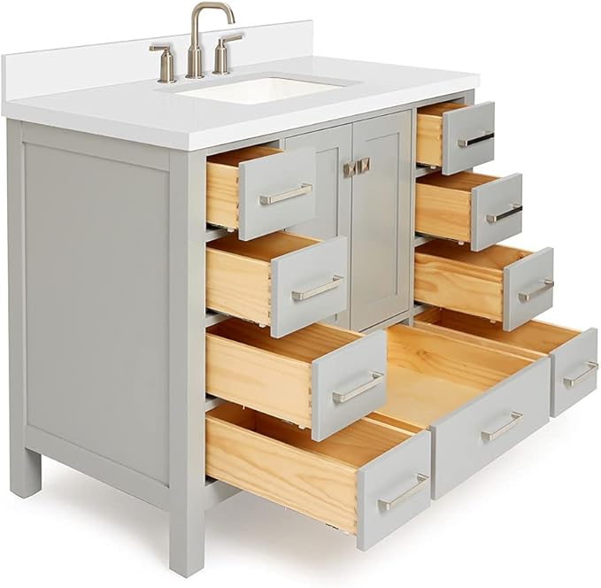 ARIEL Cambridge 42-inch Bathroom Vanity with Sink,Solid Wood, 1.5-inch Pure White Quartz Countertop & Backsplash, Single Rectangular Porcelain Sink, 2 Soft Closing Doors, 9 Dovetail Drawers, Grey