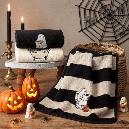 FuWeave 3 Pcs Black Beige Halloween Ghost Hand Towels for Bathroom