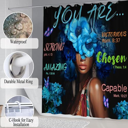 Black African Flower Woman Shower Curtain Set, Blue Art Words Bathroom Set with Shower Curtain and Rugs, Toilet Lid Cover, Bath Mat,Waterproof Fabric Shower Curtains and Hooks for Bathroom