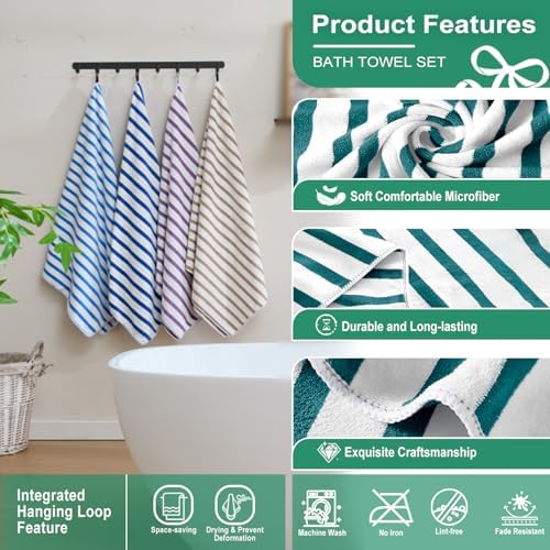 JML Microfiber Beach Towels, 4 Pack, 27" x 55", Cabana Stripe Dark Green