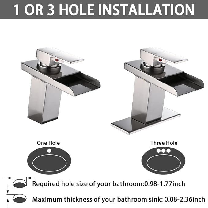LED Bathroom Sink Faucet, Chrome Waterfall Single Hole Handle Vanity Faucets for Sinks 1 Hole with Metal Pop Up Drain and 2 Water Supply Lines, Stainless Steel Spout