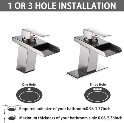 LED Bathroom Sink Faucet, Chrome Waterfall Single Hole Handle Vanity Faucets for Sinks 1 Hole with Metal Pop Up Drain and 2 Water Supply Lines, Stainless Steel Spout