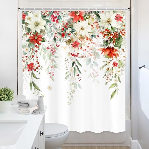 Christmas Red Floral White Xmars Poinsettias Bathroom Shower Curtain Set