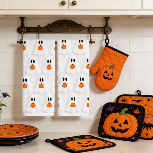 2 Pack Halloween Hand Towels 100% Cotton Jacquard Ghost and Pumpkin Halloween Kitchen Towels White Bathroom Towels Set Seasonal Bathroom Decor(Ghost and Pumpkin)