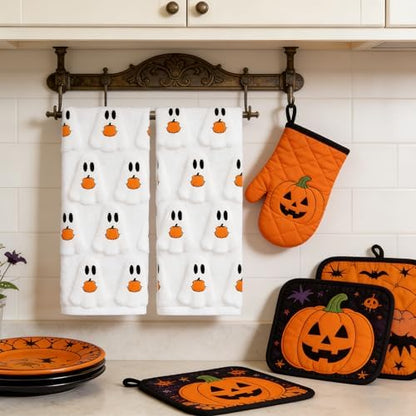 2 Pack Halloween Hand Towels 100% Cotton Jacquard Ghost and Pumpkin Halloween Kitchen Towels White Bathroom Towels Set Seasonal Bathroom Decor(Ghost and Pumpkin)